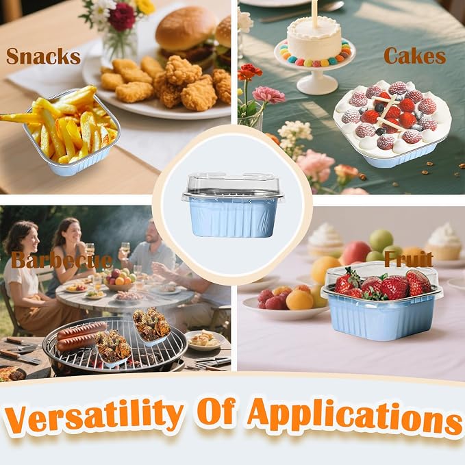 50 Pcs Mini Square Baking Cups with Lids,10oz Aluminum Foil Mini Cake Pans with Lids,Disposable Ramekins Cake Pans,300ml Dessert Cups Cupcake Pans for Wedding Birthday Party,Skyblue