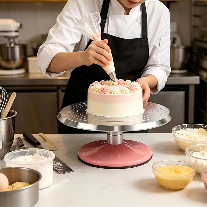 12-Inch Aluminum Alloy Cake Turntable, Rotating Cake Decorating Stand with Non-Slip Detachable Pink Base & Concentric Marking Circles, Smooth 360 Rotation for Baking, Model Coloring, Display