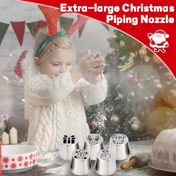 14-Piece Extra Large Christmas Russian Piping Tips, Stainless Steel Santa Claus, Snowflake, Christmas Tree Designs, for Cake Decorating Flower Nozzles Cookie Dessert Baking Tools
