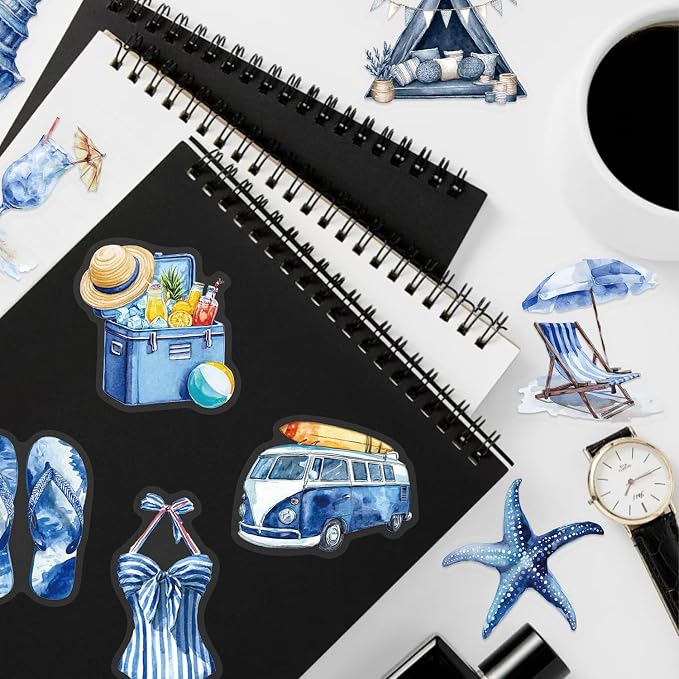 50 Pcs PET Transparent Blue Beach Stickers, Waterproof Vinyl Coastal-Themed Decals for Laptop Skateboard Luggage, Watercolor Beach Vacation Stickers Gift for Kids Teens AdultsBlue Beach