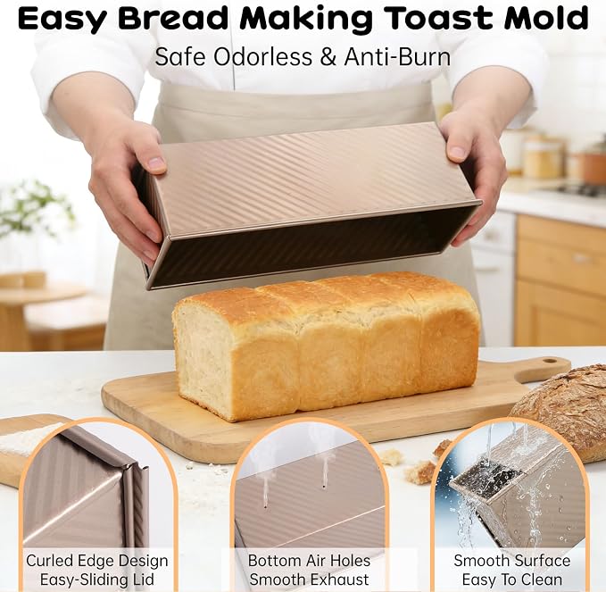 2 Pack Pullman Loaf Pan with Lid - 2.2LB Non-Stick Bread Pan, Carbon Steel Square Toast Mold with Silicone Spatula & Oil Brush, Baking Kit for Homemade Sandwich & Sourdough, Housewarming Gifts