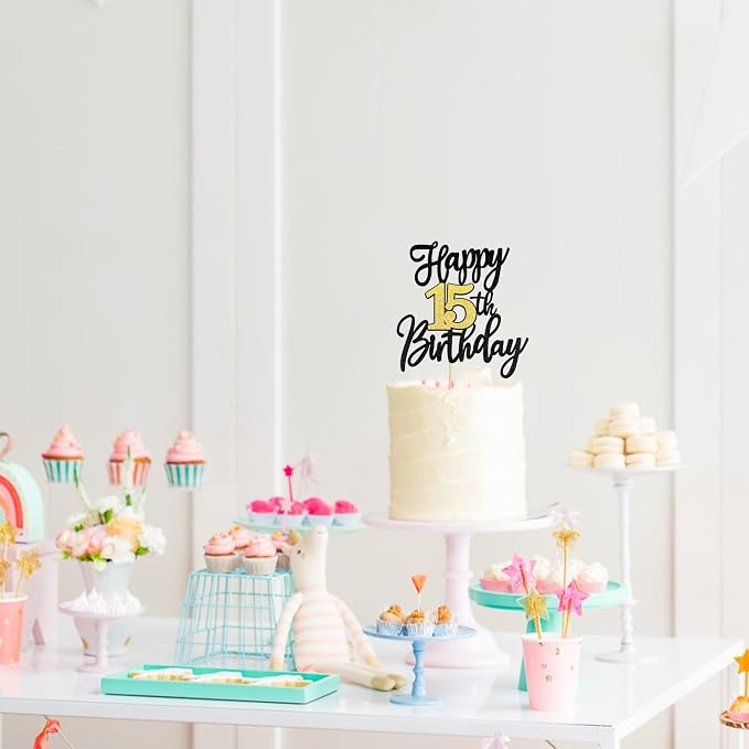 1 PCS Happy 15th Birthday Cake Topper Black Gold Glitter Cheers to 15 Years Birthday Cake Pick 15 Fabulous Cake Decoration for Happy 15th Birthday Anniversary Party Cake Decorations Supplies