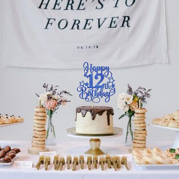 1 PCS Happy 12th Birthday Cake Topper Glitter Cheers to 12 Years Birthday Cake Pick Hello 12 Fabulous Cake Decoration for Happy 12th Birthday Anniversary Party Decorations Supplies Blue