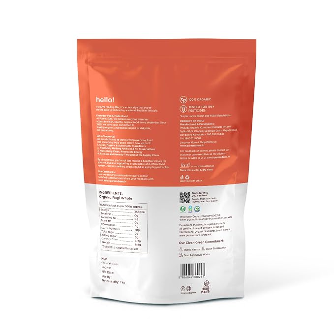 Pure & Sure Organic Ragi Flour | Organic Gluten Free Flour | Vegan Flour, Non-GMO, No Preservative, No Trans Fats | 1kg