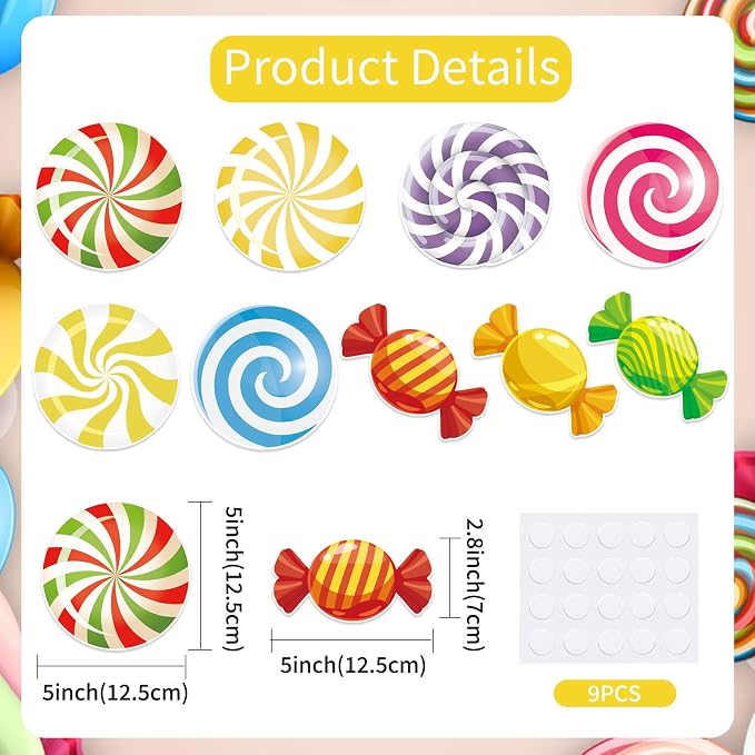 Vuzvuv 90Pcs 5In Candy Paper Cutouts with 180Pcs Glue Points,Candy Cut Outs Bulletin Board Decorations for Birthday Party Theme Decor Supplies