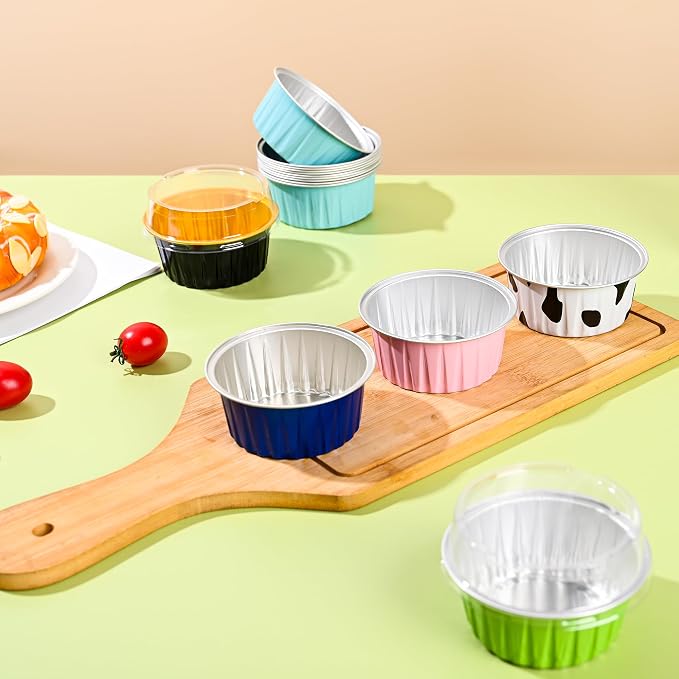 Mini Aluminum Foil Cupcake Baking Cups with Lids (40pcs, 9oz) Round Cupcake Foil Liners Tart Pie Tin Pan Holder - Disposable Mini Cake Containers Flan Molds for Pudding, Souffle, Party, Wedding