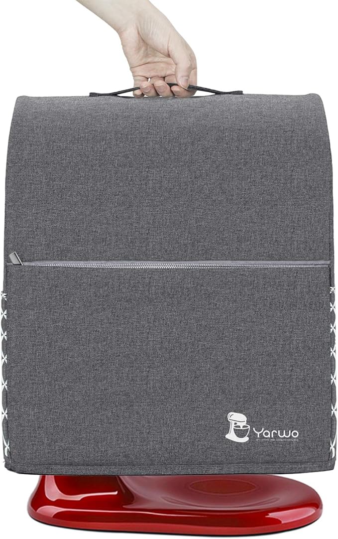 YARWO Stand Mixer Dust Cover Compatible with KitchenAid Mixer 6-8 Quart | Top Handle, Side Pockets for Kitchen Supplies, Dust-proof Protective Cover for Bowl-Lift 5.5/6/7 qt, Washable, Gray with Grid