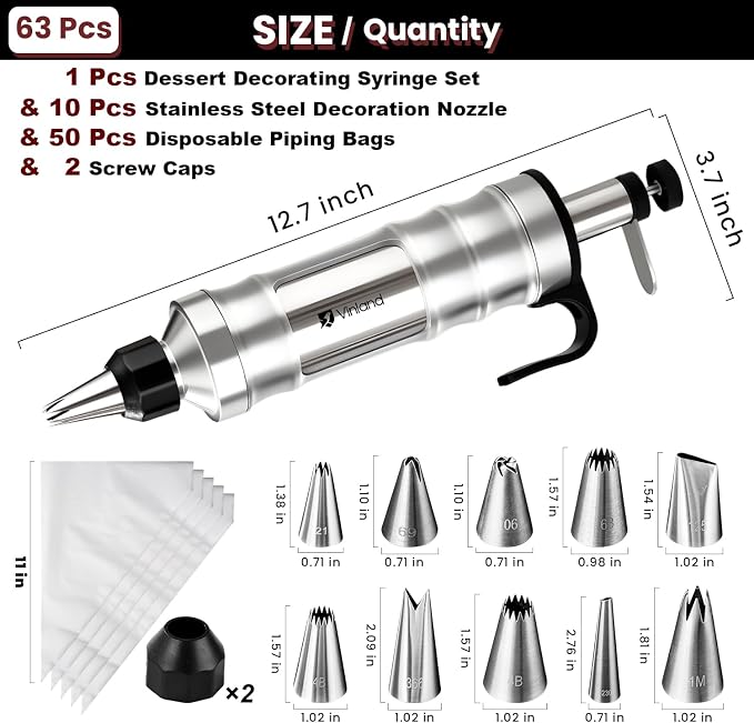 Dessert Decorating Syringe Set Icing Piping Kit Frosting Piping Kit Stainless Steels Cake Decorating Kit with 10 food grade stainless steel piping tips & 50 Disposable Piping Bags Black