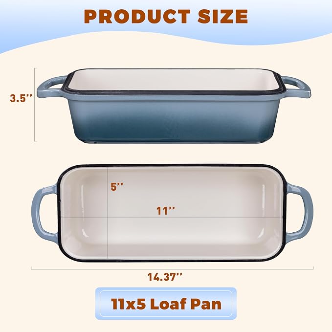 11x5 Inch Cast Iron Loaf Pan With Lid, 5.8 Qt Large Loaf Pans for Sourdough Bread Baking, Heavy Duty Dutch Oven Bread Pan For a Crispy Crust, Seasalt