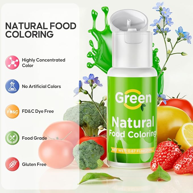 Natural Food Coloring- 20 Milliliters Dye Free Natural Food Coloring, FD&C & Artificial Dye Free Formula for Baking, Icing and Cooking, Cakes, Cupcakes, Frosting，Easter Eggs & Holiday Treats (GREEN)