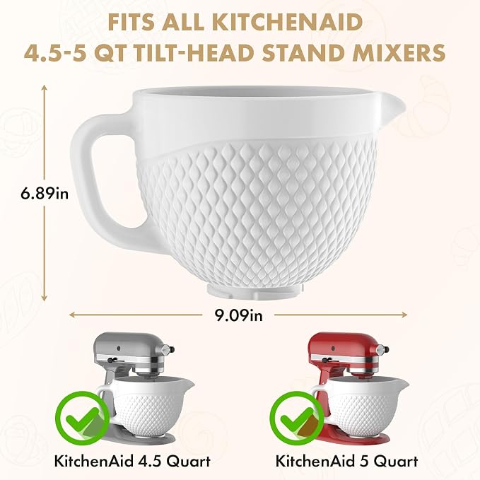 Ceramic Mixer Bowl For KitchenAid all 4.5-5 Quart Tilt-Head Stand Mixers, 5 qt Mixing Bowl For Kitchen Aid Accessories and Attachments with Handle