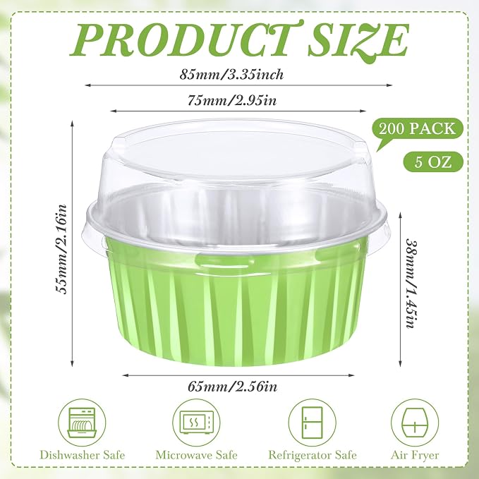 200 Pack Aluminum Foil Cupcake Liners with Lids, 5 oz Round Baking Cup, Disposable Ramekin Container for Graduation Wedding Independence Day Party(Green,Plain)