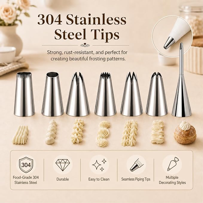 Reusable Piping Bags and Tips Set – 16" Cotton Pastry Bags Durable Cotton Exterior,Easy to Clean for Cake Decorating, Cupcakes & Cookies – Eco-Friendly Baking Kit for Home Bakers & Beginners