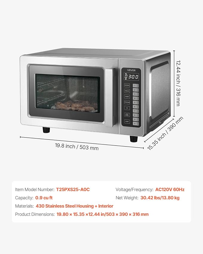 VEVOR Commercial Microwave Oven, 0.9 Cu Ft, 1000W Digital Stainless Steel Countertop Microwave Oven with Touchscreen, 10 Cooking Presets, 5 Power Levels, Multi-Lock Door & Easy Clean for Restaurants