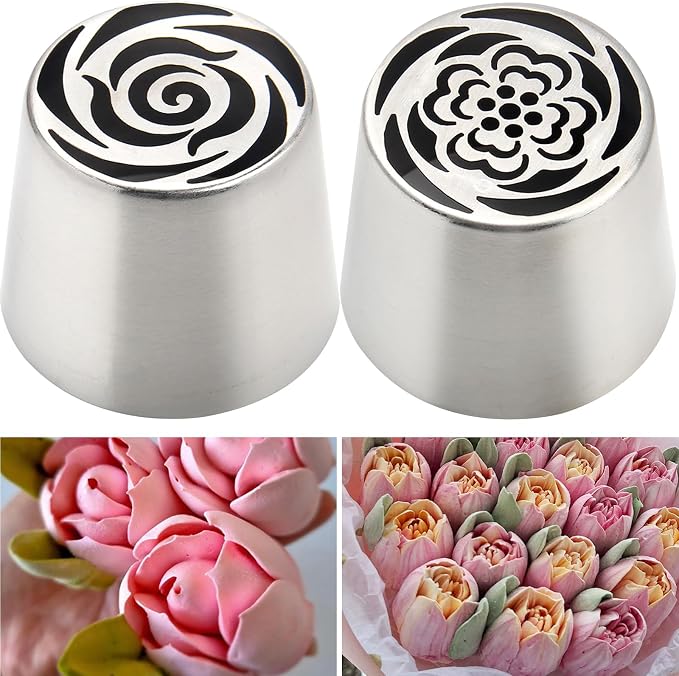 2pack Russian Piping Flower Nozzles Extra Large, Stainless Steel Rose Floral Piping Nozzles for Cake Decorating Icing, Cream Flower Bouquet DIY Cookies, Desserts Baking Tools (XXL,C）