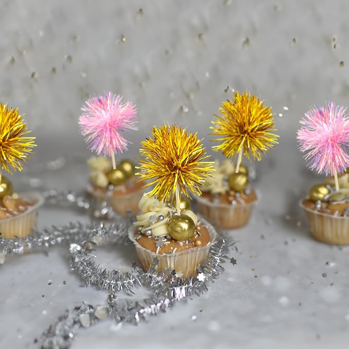 Gyufise 30Pcs Foil Firework Cupcake Toppers Sparkle Tinsel Cake Toppers Tinsel Drink Cake Decoration Cocktail Picks for Birthday Wedding Graduation Party Supplies Gold Pink