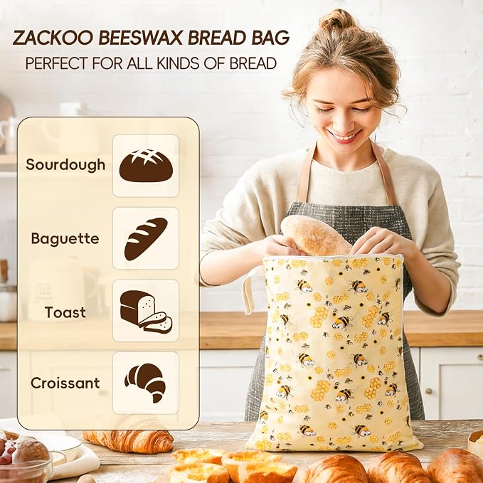 2 Pack Beeswax Bread Bags for Homemade Bread, Bees Wax Bread Bags Storage for Homemade Sourdough, XL 17'' x 13'', Zipper Closure, Freezer Safe