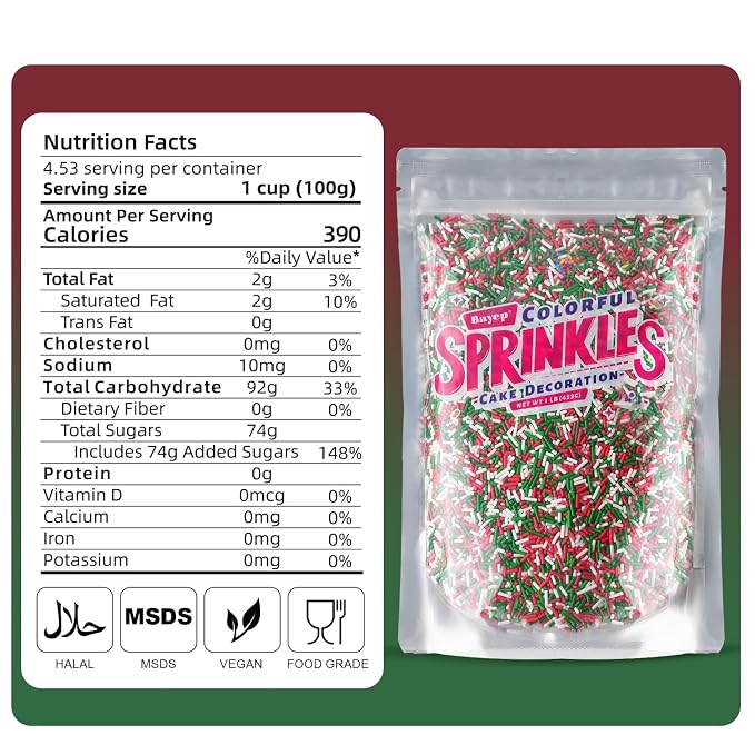 Christmas Sprinkles Bulk 1lb - Red Green White Jimmies for Baking, Holiday Cake & Cookie Decorating, Edible Dessert Toppings for Cupcakes, Ice Cream, Brownies