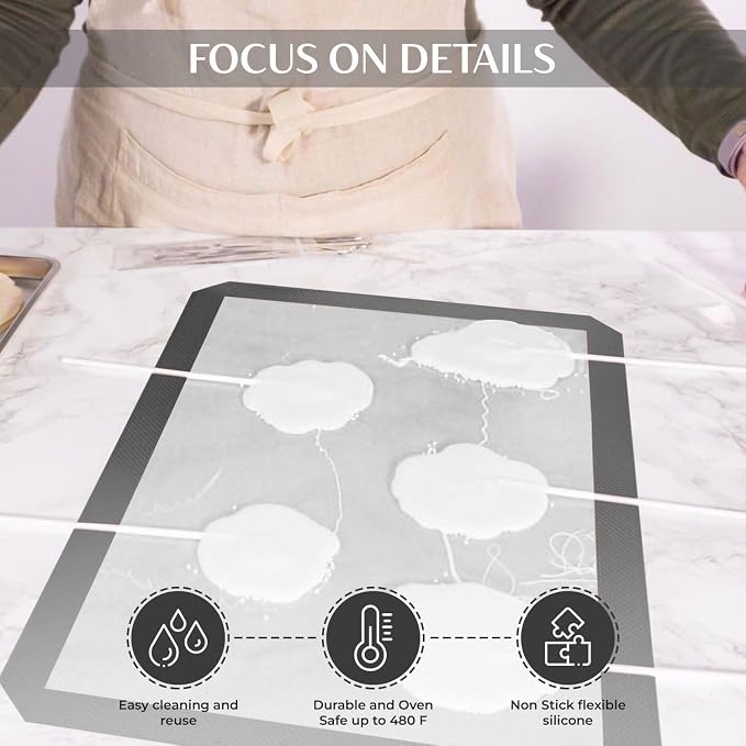 Silicone Baking Mat (S, M, L) with Measurement Indicators, Non-Slip Surface, and Pastry Mat Sheet for Dough Rolling - Perfect for Creating Cookies, Macarons, and Bread - Pack of 3