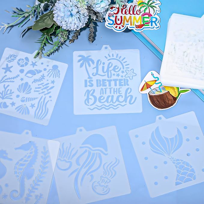 Whaline 15 Pcs Summer Ocean Cookie Stencils Nautical Fish Mermaid Airbrush Painting Stencils with Bead Chain Decorative Baking Templates for Biscuit Cake Party DIY Crafts