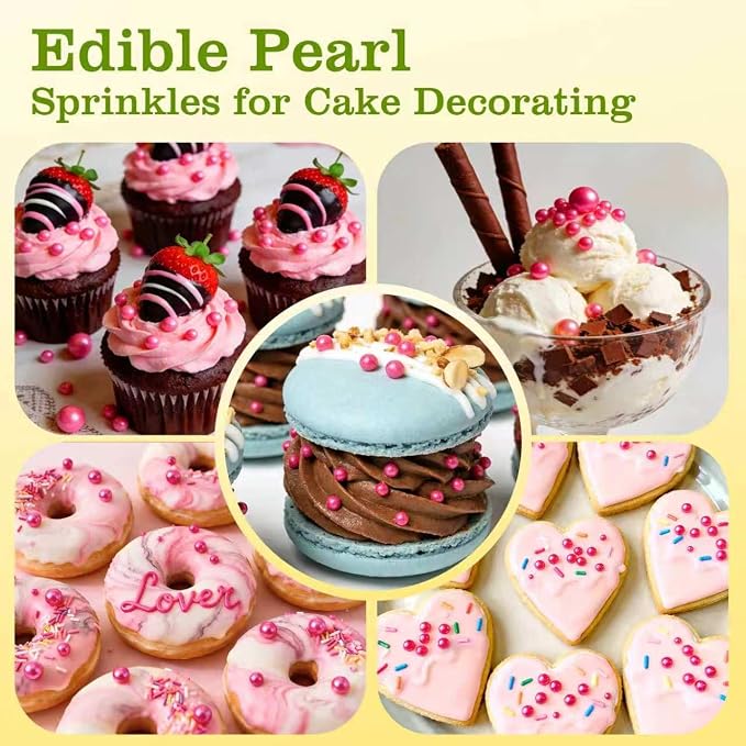 Pink Pearl Sprinkles for Cake Decorating, Edible Pink Sugar Pearl Sprinkles, Cake Decorations, Cupcake Toppers, Ice Cream, Wedding Party Birthday Supplies, 180g/6.35oz