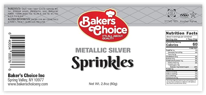 Bakers Choice Metallic Silver Sprinkles for Baking - Jimmies Sprinkles for Ice Cream Toppings - Dairy Free, Kosher 2.8 oz.
