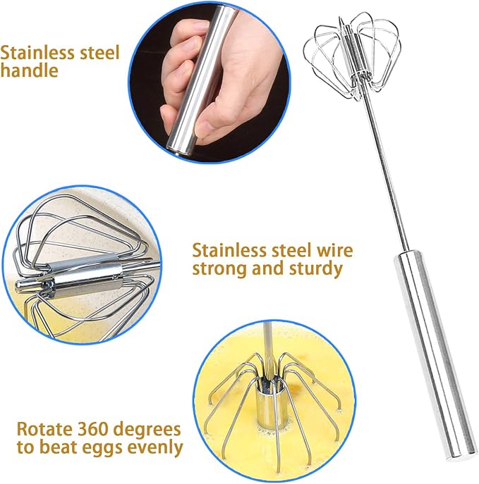 Listenman Danish Dough Whisk Bread Mixer & Egg Whisk Kits, 2 Pack Premium Stainless Steel Dutch & 1 Pack Hand Push Rotary Blender for Pastry Pizza Dough, with a Dough Scraper for Bread