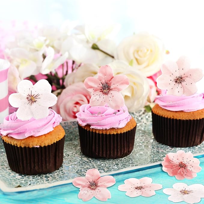 50 PCS Edible Cherry Blossoms Cupcake Toppers Edible Cherry Blossoms Flowers Cake Decorations for Spring Tea Party Cherry Themed Birthday Party Baby Shower Bridal Engagement Anniversary baked goods