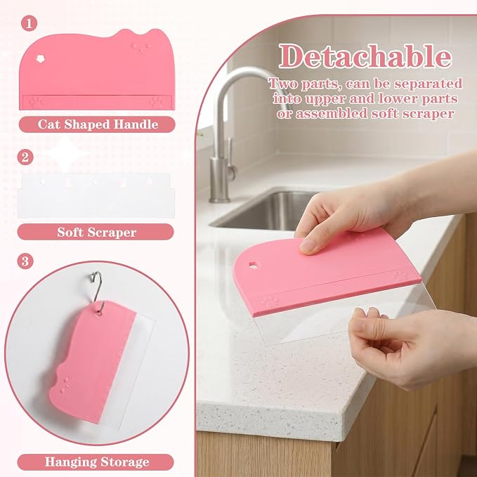12Pcs Cake Scraper Smoother Scraper Set, Alisador de Acetato Para Pasteles - 2 Pink ABS+PVC Scrapers with 10 Transparent Blades for Baking and Decorating