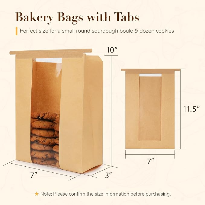 50 Pack Small Paper Bread Bags for Homemade Sourdough Bread, 7x3×11.5 Inches Resealable Tin Tie Tab Bakery Bags with Window for Half Loaves, Round Sourdough and Dozen Cookies