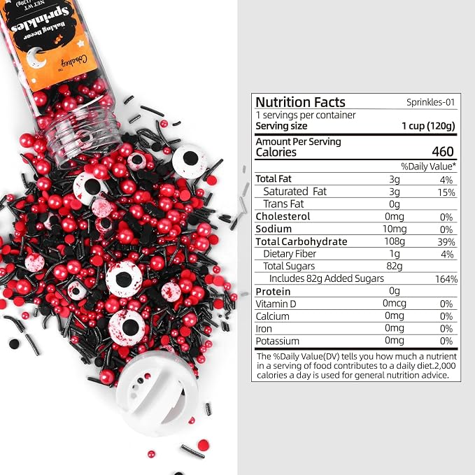 Eyeball Sprinkles for Cake Decorating, Black & Red Pearl Sprinkles with Black Bats & Eyeball Candy, Perfect for Halloween Dessert Party 4.23 Ounce
