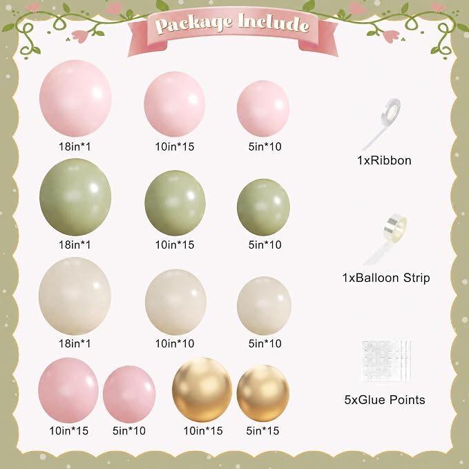Sage Green Pink Gold Balloon Arch Kit, 128Pcs Sage Green Pastel Pink Light Pink Gold Sand White Balloons for Boho Baby Shower Wedding Bridal Shower Gender Reveal Birthday Party Decorations