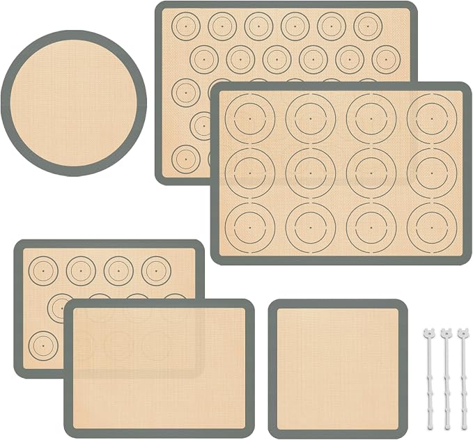 Silicone Baking Mat Set of 6, Silicone Mats for Baking, Baking Sheets Non Stick for Macaron, Cookie, Pizza, Bread and Pastry, Baking Supplies for Oven, Food Grade Reusable