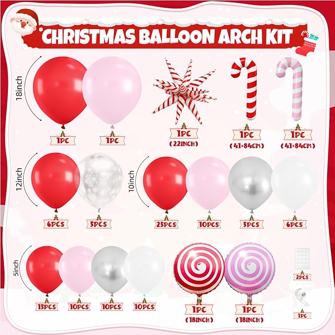 Christmas Balloon Arch Kit, 108 Pcs Xmas Snowflake Balloons, Red Pink Silver White Latex Balloons Candy Cane Foil Balloons for Xmas Baby Shower Winter Birthday Wonderland Christmas Party Decorations