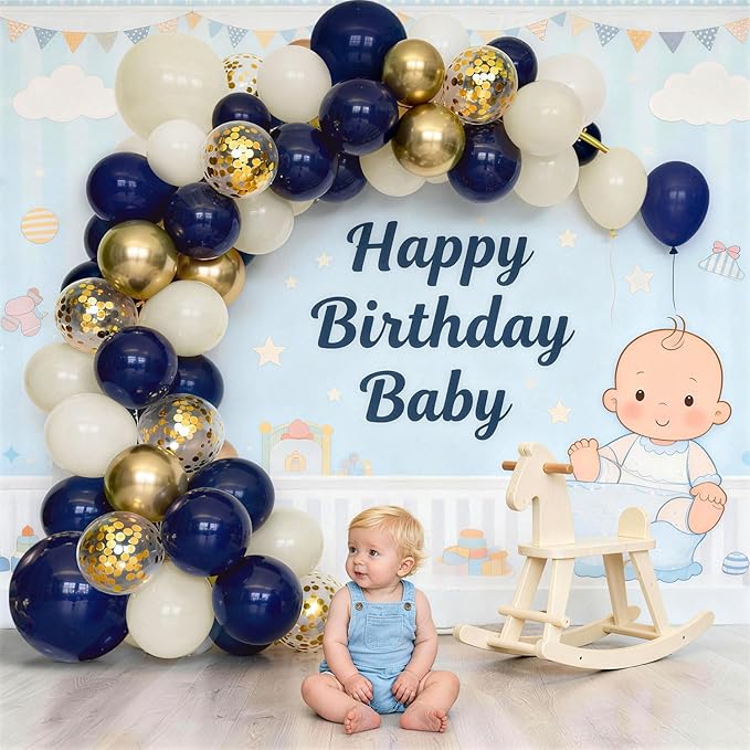 Blue and Gold Balloons Arch Kit, Navy Dark Blue Latex Balloon Arch Kit with Chrome Gold Sand White Balloons Garland and Gold Confetti Balloons for Wedding Boy Birthday Gender Reveal Party Decoration
