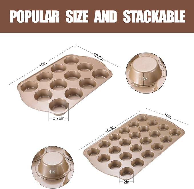 Nonstick Muffin & Cupcake Pan Set (2 Pack) - 12 Cup Regular + 24 Cup Mini Muffin Tins | Heavy Duty Gold Carbon Steel, Rust-Resistant, Easy Release