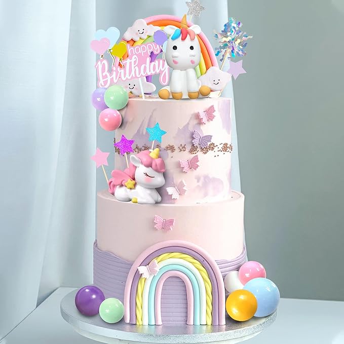 18 PCS Unicorn Cake Topper, Unicorn Rainbow Cake Decorations with Rainbow Stars Unicorn Foil Firework Balls Happy Birthday Cake Decorations (Style 1)