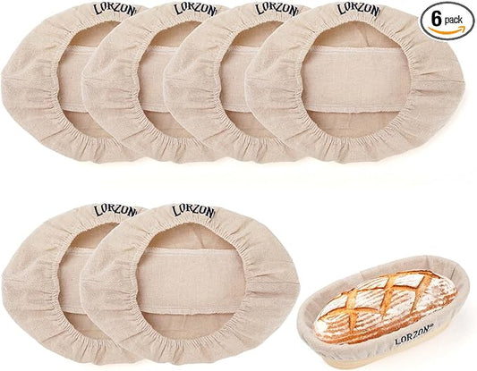 Lorzon 6 Pack Bread Proofing Basket Cover, 10 Inch Oval Banneton Liner, Linen Sourdough Bowl Covers for Bread Rising