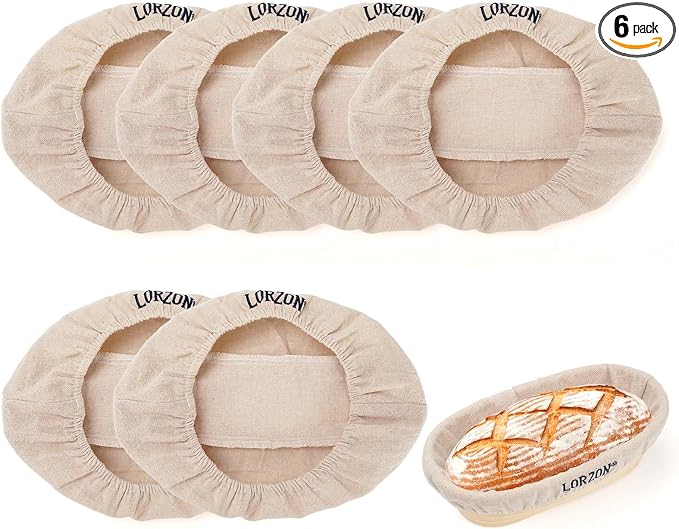 Lorzon 6 Pack Bread Proofing Basket Cover, 11 Inch Oval Banneton Liner, Linen Sourdough Bowl Covers for Bread Rising