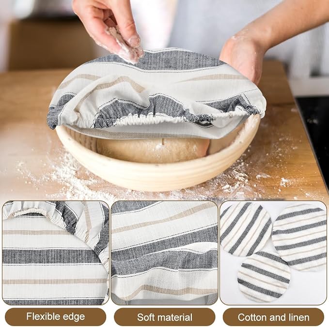 Reusable Bowl Covers for Bread Proofing, 3 Pcs Elastic Linen Cotton Food Cover for Sourdough Proofing Basket, Food Storage Baking Supplies for Home Gift for Women(COLOR:stripe)