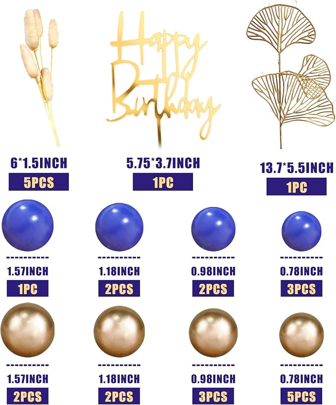 Boho Cake Topper Gold Blue Balls Cake Decorations Palm Leaves Boho Grass for Wedding Birthday (03)