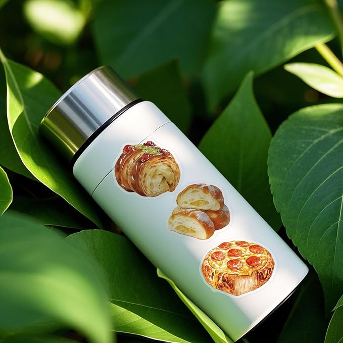 Tempting Bread Stickers ，50 PCS Bread Food Themed Waterproof PET TransparentSticker Vinyl Decals Supplies Bakery Favors Party Decor Water Bottles Laptop Phone Helmet Scrapbooks Gifts Birthday