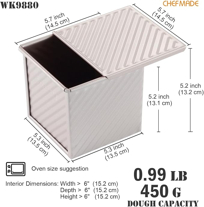 CHEFMADE Square Pullman Loaf Pan with Lid, 1Lb Dough Capacity Non-Stick Rectangle Corrugated Toast Box for Oven Baking 5.3" x 5.3"x 5.2"(Champagne Gold)