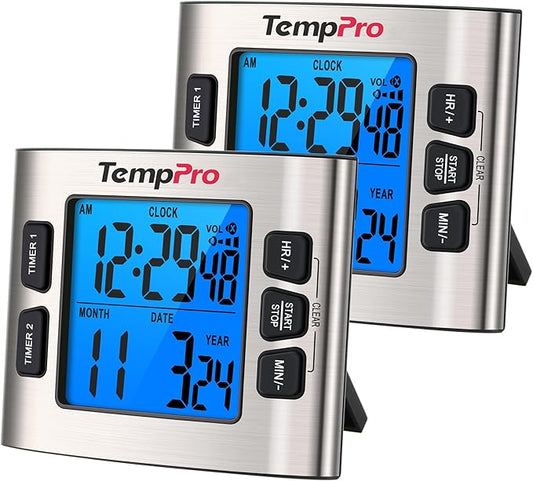 TempPro TM02 24H Digital Timer with Dual Kitchen Timers for Cooking, Magnetic Timer Clock with Adjustable Alarm Volume & LCD Backlit Display, Classroom Timer for Kids & Teachers (Previously ThermoPro)