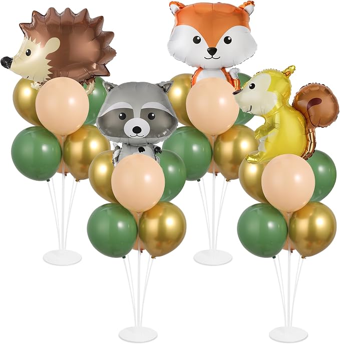 4 Sets Vbs Woodland Animals Party Balloons Stand Kit with Hedgehog Raccoon Fox Squirrel Foil Balloons Sage Green Brown Balloon Centerpiece for Tables for Forest Safari Jungle vbs Birthday Party Decor
