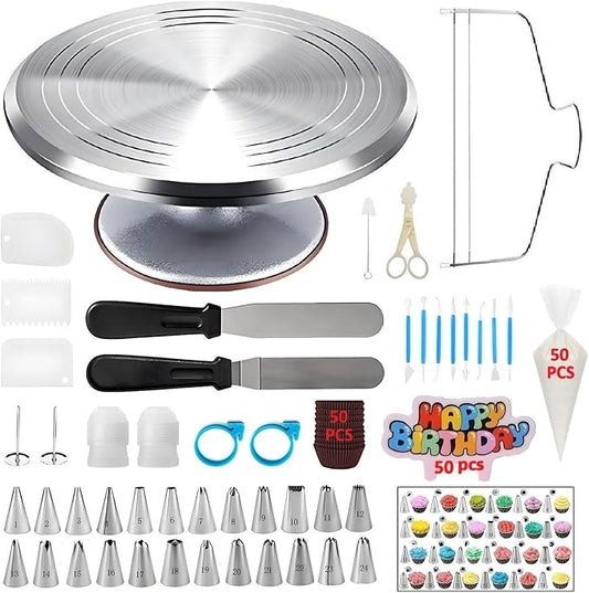 Cake Decorating Kit, 198 Pcs Baking Supplies | Aluminium Cake Turntable, Leveler, 24 Numbered Icing Tips, 2 Spatulas, 3 Scrapers, 50 Pastry Bags, 50 Cupcake Liners & More