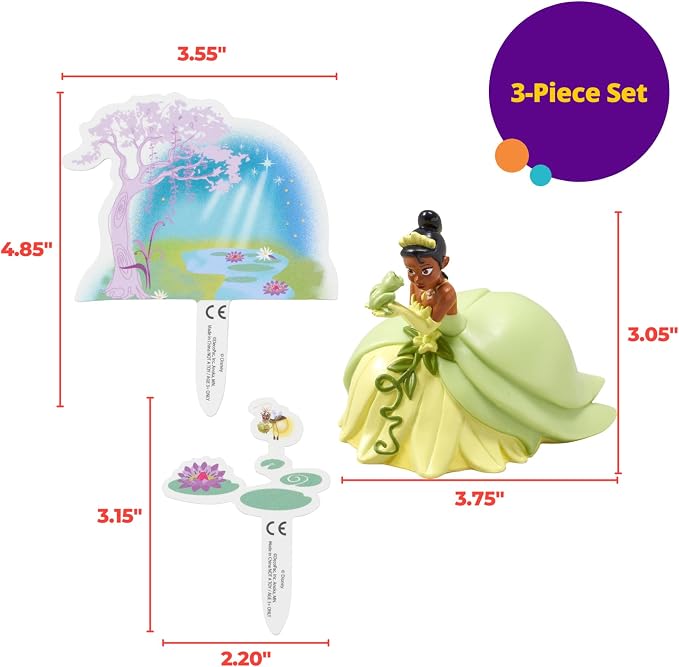 DecoSet® Disney Princess Tiana Cake Topper, 3-Piece Cake Decoration With Tiana And Frog Figurine, Water Lily Pic, And Background Scenery Pic