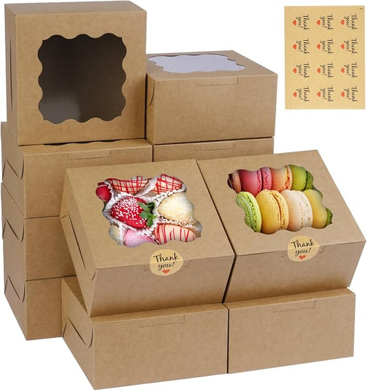 WINKIO 12 Pieces Cookie Boxes with Window, 6×6×3 Inches Treat Boxes for Bakery Dessert Pastry Mini Cake Favor Donut Baked Goods (brown, with Stickers)