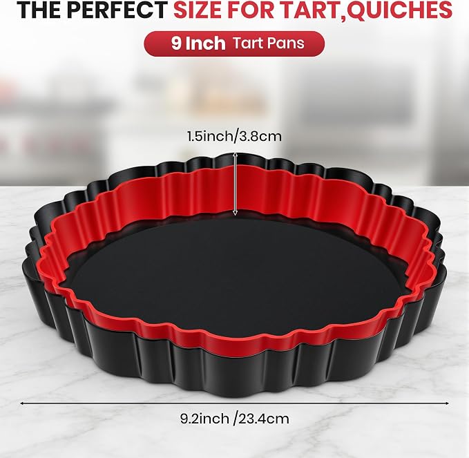 Upgraded 9 Inch Tart Pan with Removable Bottom, Non-Stick Deep Fluted Carbon Steel Quiche Pan, Includes Crust Shaper Ring - Quiche Baking Dish Tart Mold for Baking, Party & Festival
