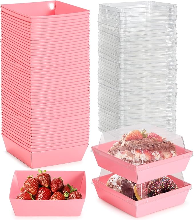 50 Pcs Mini Charcuterie Boxes with Clear Lids, 4.5x4.5 Inches Dessert Boxes Square Disposable Bakery Boxes to Go Containers for Daughter, Wedding, Party, Valentine, Cake & Cookies (Pink)